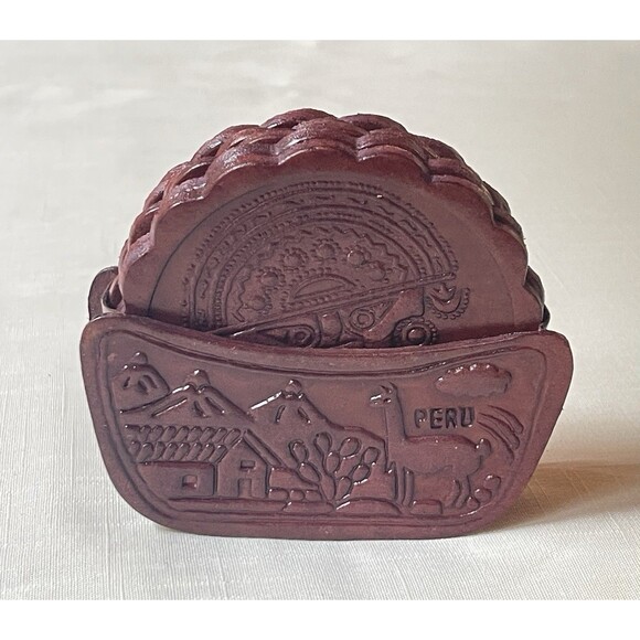 Artisan Hand-Tooled Embossed Peruvian Leather Coasters Set of 6 w/ Holder VTG - Picture 12 of 12